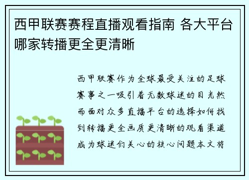 西甲联赛赛程直播观看指南 各大平台哪家转播更全更清晰